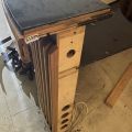 838848-7 Wooden bar counter, 3 chairs, back shelf