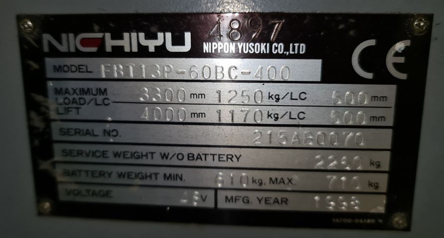 845868-15 Counterbalance Forklift Nichiyu FBT13P-60BC-400