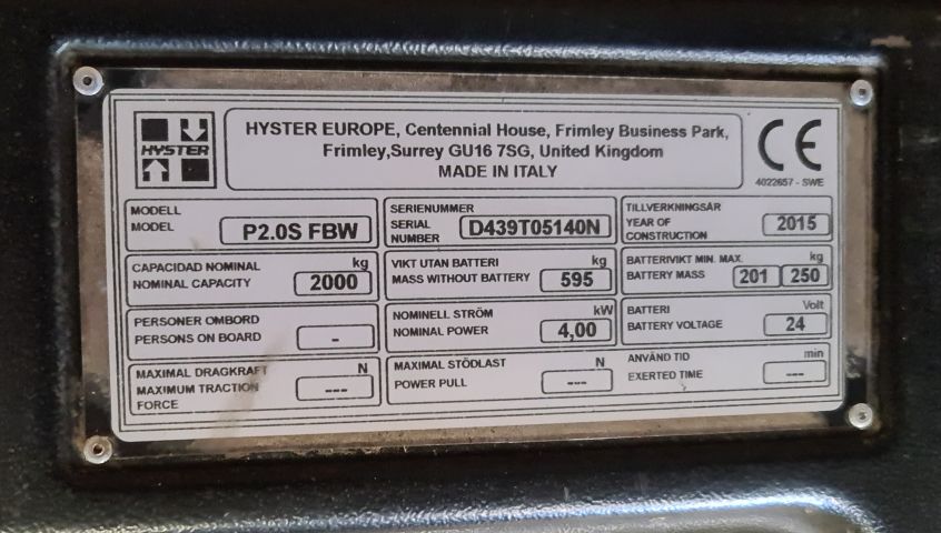 845872-4 Low lifter Hyster P2.0S FBW