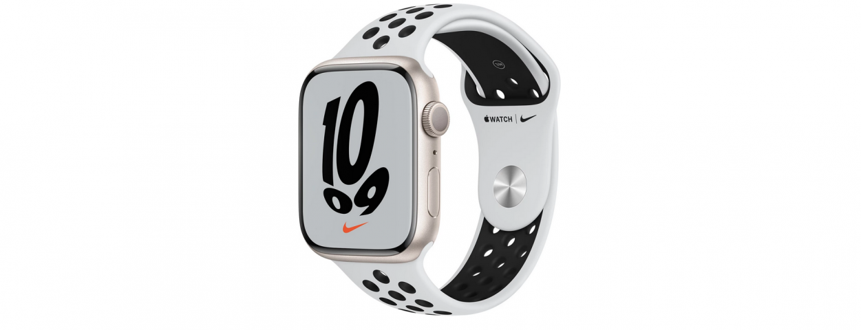 908606-1 Apple Watch Nike Series 7 GPS, 45mm Starlight Aluminum Case with Pure Platinum / Black