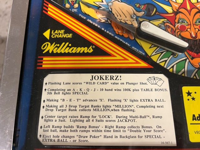 895460-13 Pinball Williams Jokerz! -1988
