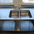 925313-3 L-shaped stainless steel bench with hob and mixer