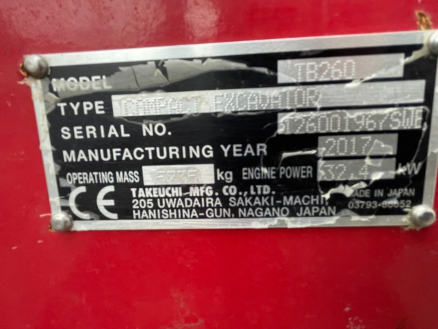906891-10 6 ton mini excavator, Takeuchi TB260, 2017