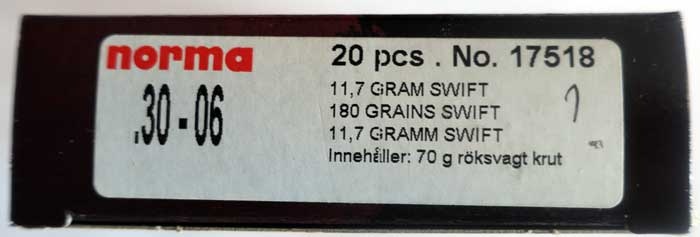 943571-1 30-06 Springfield 180gr Swift A-Frame, Norma, 20 pieces