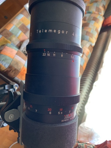 940349-4 Lens Meyer optics Telemegor 4.5/300 with Manfrotto stand