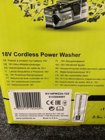 963722-3 Intermediate pressure washer Ryobi RY18PWX41A-125 ONE+HP 18V