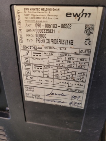 947409-4 MIG/MAG welding EWM Phoenix 335 Progress pulse TKM including hose package and ground cable.