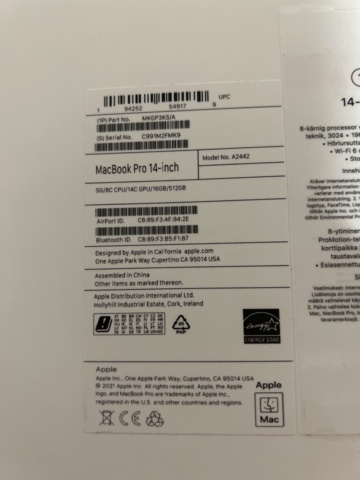 967644-5 Apple 14-inch MacBook Pro: Apple M1 Pro chip with 8‑core CPU and 14‑core GPU, 512GB SSD