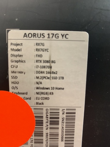 974654-3 17.3" gaming laptop Gigabyte AORUS 17 (AORUS 17G YC-8NE6450SH)