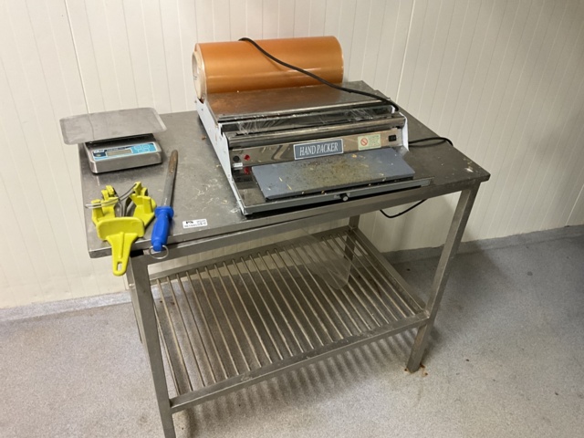 961445-1 Stainless bench with hand packer, scale, knife sharpener