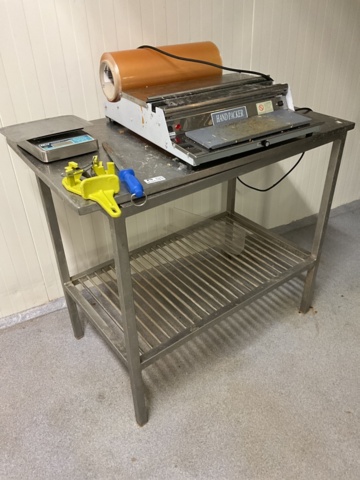 961445-2 Stainless bench with hand packer, scale, knife sharpener