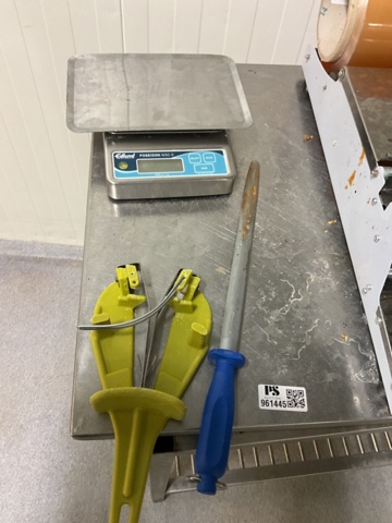 961445-3 Stainless bench with hand packer, scale, knife sharpener