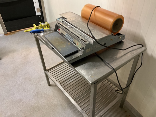 961445-5 Stainless bench with hand packer, scale, knife sharpener