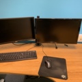 940846-3 Desk electrically raise/lower with double computer screens and office chair