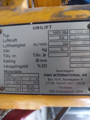 1011356-2 Unilift 500kg 3 phase