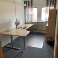 992584-1 Office furniture electric raise/lower desk, bookshelves, computer screen