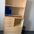 992584-5 Office furniture electric raise/lower desk, bookshelves, computer screen