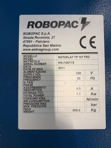 1025575-2 Automatic plastic machine Robopac Rotoplat TP 107 FRD, 2011