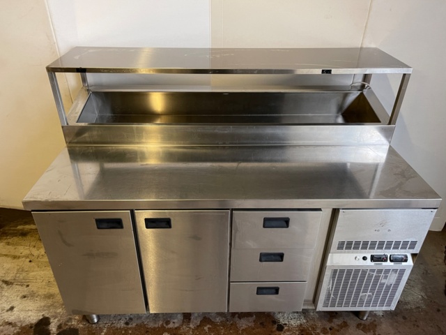 898075-2 Cold storage bench with cooling trough, upper shelf, 3 drawers and 2 cupboards