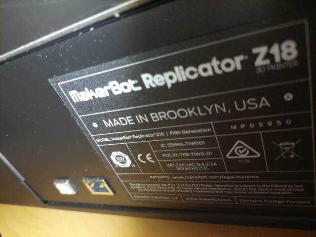 1034668-3 3D Printer MakerBot Replicator Z18