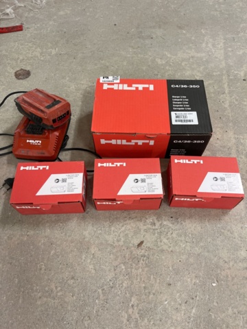 1029886-1 3 new Hilti batteries, 1 new Hilti charger and older charger with battery