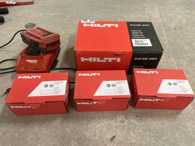 1029886-2 3 new Hilti batteries, 1 new Hilti charger and older charger with battery