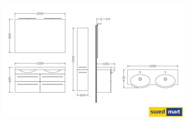 1105988-2 Eskil white 120 cm commode + Double washbasin - sw923w + sw923/sw923w/sw923b