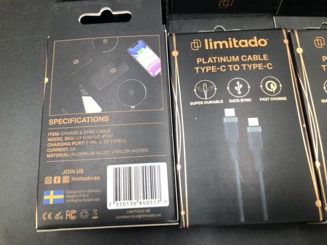 1107111-3 10 st Limitado USB-C – USB-C Ladd & Synk Kabel - Frakt ingår