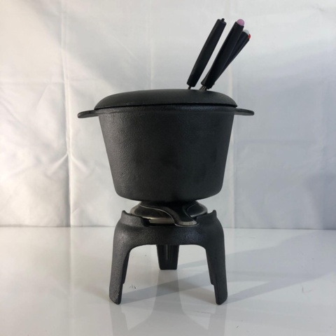 1108493-2 Fondue pot in cast iron and 6 forks with wooden handles