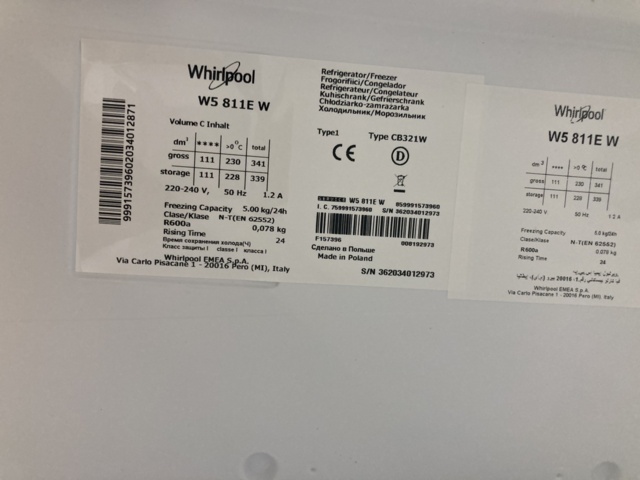 1101279-12 Kyl/Frys Whirlpool W5 811E W ( Transportskadat )