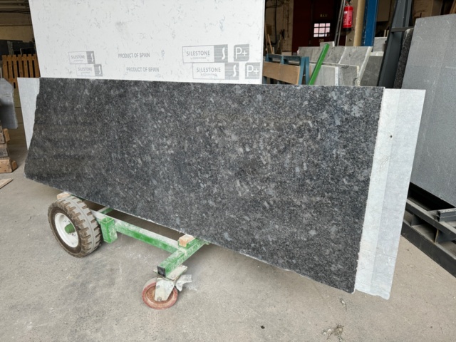 1112201-1 Black iridescent stone slab, glossy. About 250 cm long & 77 cm wide. 20 mm thick