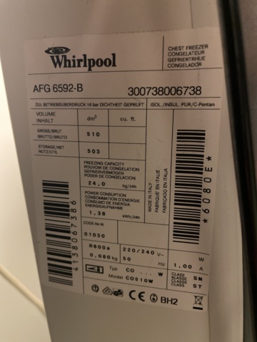 1110263-6 Frysbox 503Liter - Whirlpool AFG 6592-B