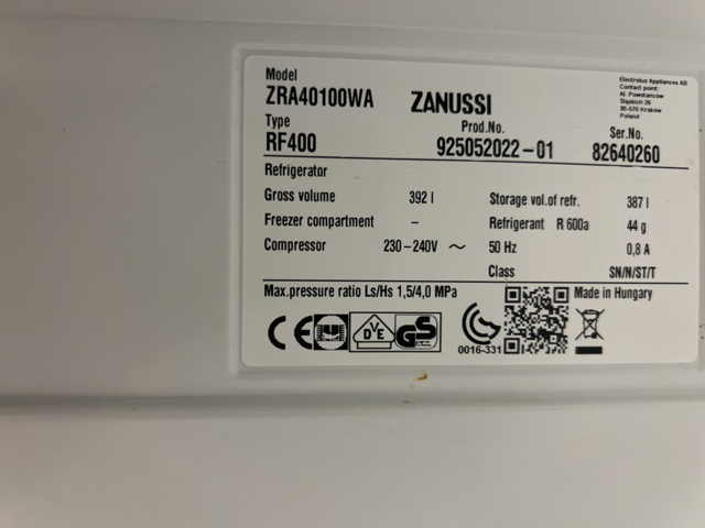 1051670-4 Refrigerator Zanussi ZRA40100WA - 392 Liter
