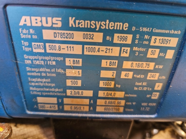 1170951-12 Chain hoist 1000kg with undercarriage & pillar slewing crane - ABUS GM3