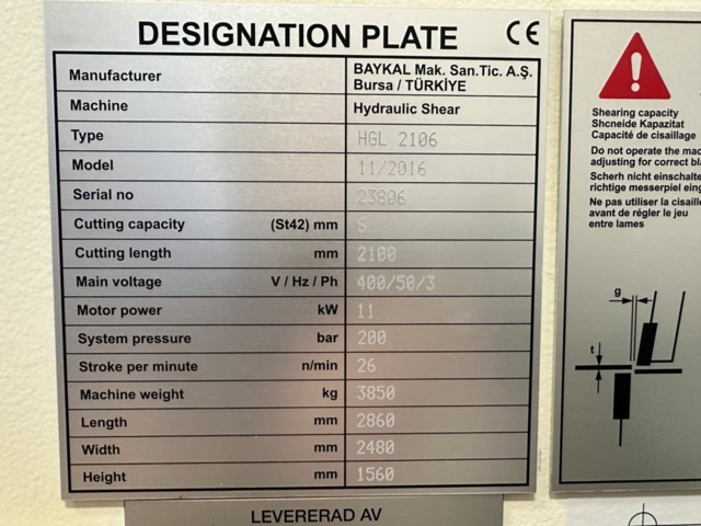 1171069-15 Shearing machine Baykal HGL2106