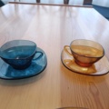 1129952-3 Coffee / Tea cups Vereco France in blue and amber