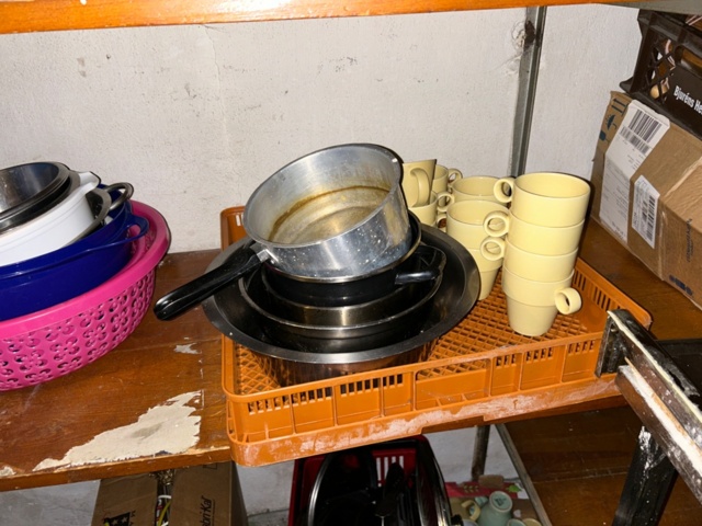 1144223-6 Storage room with various restaurant equipment