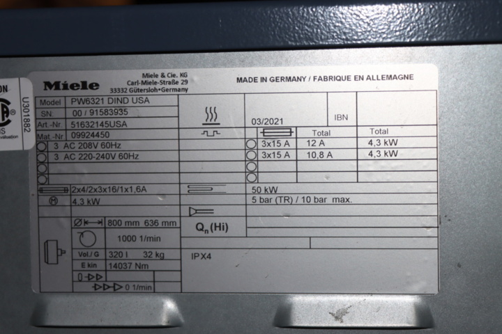 1189406-13 Miele PW6321 Pretreatment washing machine with power converter