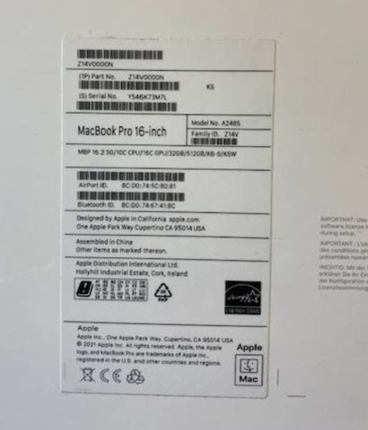 1190445-4 MacBook Pro 16 inch Model A2485 (2021), 32 MB, 512 GB - Shipping included