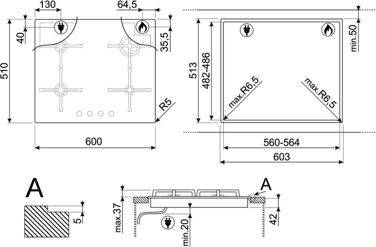 1137542-2 SMEG Gas hob Linea 60 cm Black PV164S2