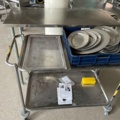 1225522-1 Stainless bench, 2 stainless steel carts with contents