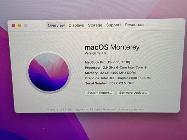 1239827-14 MacBook Pro 15” (2018), 2.9 GHz i9, 32 GB RAM, 1 TB SSD, Space Gray