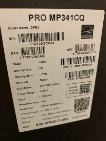 1093944-3 34" Curved gaming monitor MSI PRO MP341CQ