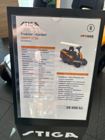 1239907-2 Stiga Swift 372e Battery Powered Garden Tractor with 72 cm Cutting Width