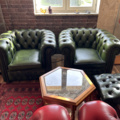 1250472-1 Chesterfield green and brown armchairs including small table