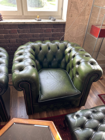 1250472-3 Chesterfield green and brown armchairs including small table