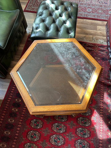 1250472-5 Chesterfield green and brown armchairs including small table