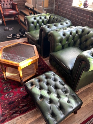 1250472-22 Chesterfield green and brown armchairs including small table