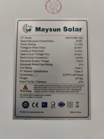 1325105-22 37 st Solpaneler Maysun Solar MS550MB-72H 550W Silver