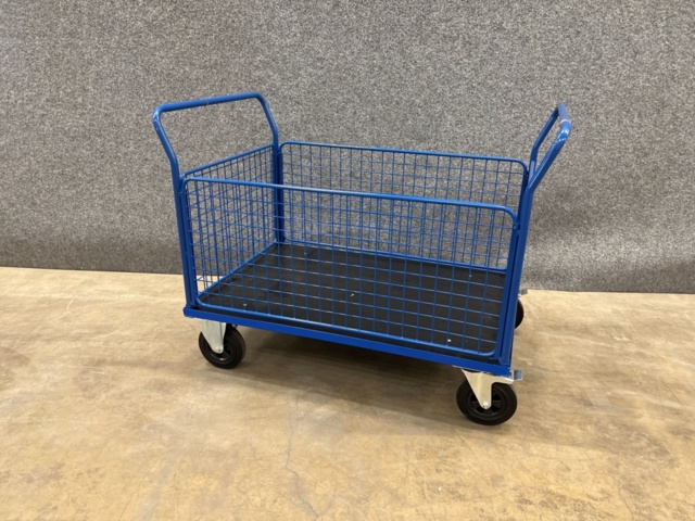 1342437-2 Platform trolley TRANSFER 4 mesh sides, 1200x800 mm, 500 kg, solid rubber wheels, with brake